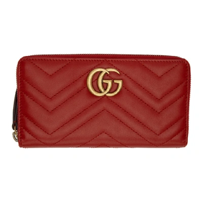 Shop Gucci Red Gg Marmont Zip Around Wallet In 6433 Hibiscus Red