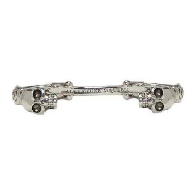 Shop Alexander Mcqueen Silver Textured Twin Skull Bracelet In 0446 Silver