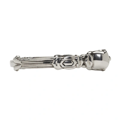 Shop Alexander Mcqueen Silver Textured Twin Skull Bracelet In 0446 Silver