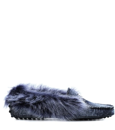 Shop Tod's Gommino Fur-lined Denim Loafers In Blue