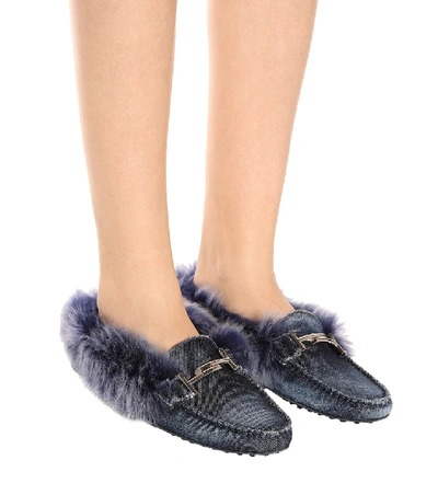 Shop Tod's Gommino Fur-lined Denim Loafers In Blue