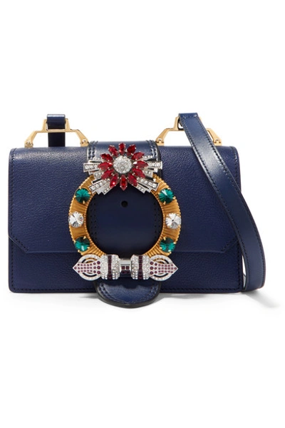 Shop Miu Miu Miu Lady Embellished Smooth And Textured-leather Shoulder Bag In Navy
