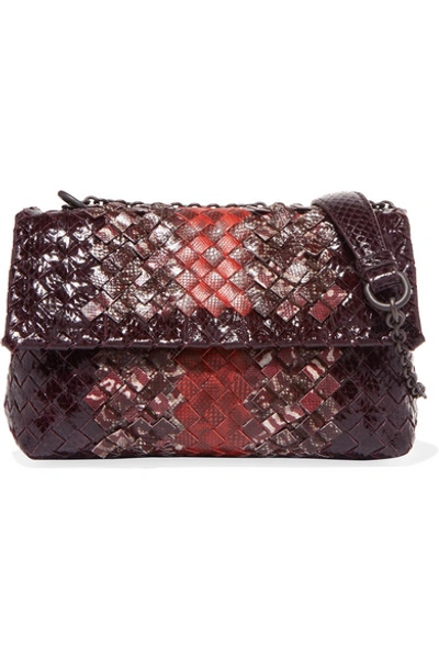 Shop Bottega Veneta Olimpia Baby Intrecciato Watersnake Shoulder Bag In Burgundy