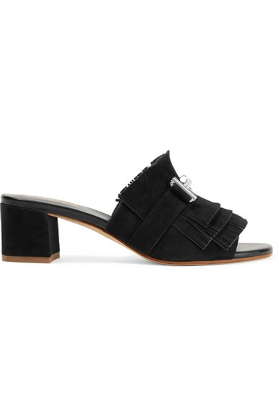 Shop Tod's Embellished Fringed Suede Mules In Black