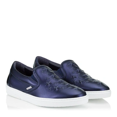 Shop Jimmy Choo Grove Navy Metallic Nappa Leather Slip On Trainers With Embossed Stars