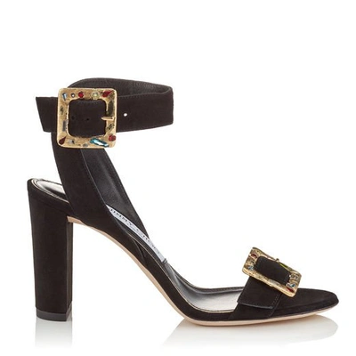Shop Jimmy Choo Dacha 85 Black Suede Sandals With Jewelled Buckle