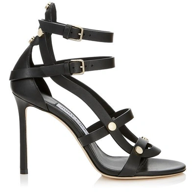 Shop Jimmy Choo Motoko 100 Black Vachetta Leather Sandals With Gold Studs In Black/gold