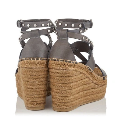 Shop Jimmy Choo Danica 110 Grey Vachetta Leather Wedge Sandals With Silver Studs In Grey/silver