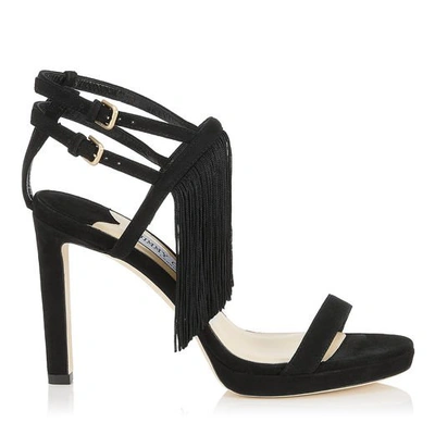 Shop Jimmy Choo Farrah 100 Black Suede Sandals With Fringe