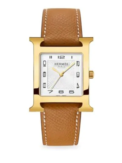 Shop Hermès Watches Women's Heure H 34mm Goldplated Stainless Steel & Leather Strap Watch In Gold Grained