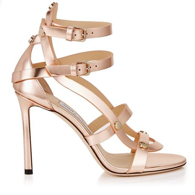 Shop Jimmy Choo Motoko 100 Tea Rose Mirror Leather Sandals With Gold Studs In Tea Rose/gold