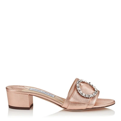 Shop Jimmy Choo Granger 35 Tea Rose Metallic Nappa Mules With Crystal Buckle In Tea Rose/crystal