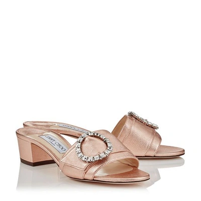 Shop Jimmy Choo Granger 35 Tea Rose Metallic Nappa Mules With Crystal Buckle In Tea Rose/crystal