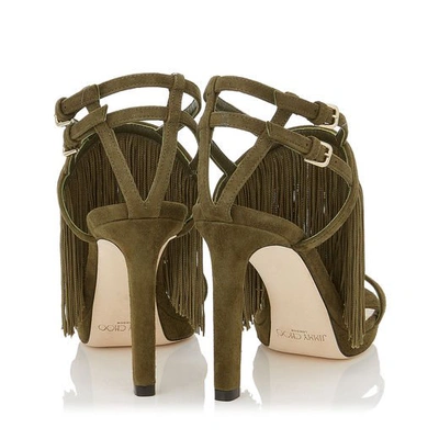 Shop Jimmy Choo Farrah 100 Olive Suede Sandals With Fringe