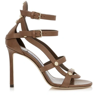 Shop Jimmy Choo Motoko 100 Cacao Vachetta Leather Sandals With Gold Studs In Cacao/gold