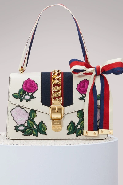 Shop Gucci Sylvie Embroidered Leather Shoulder Bag