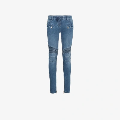 Shop Balmain Blue Moto Skinny Jeans
