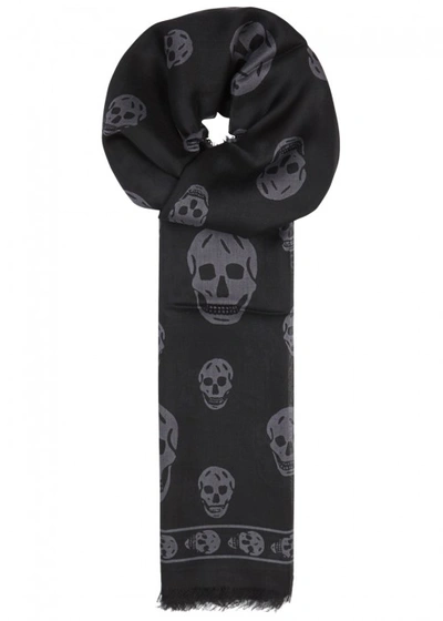 Shop Alexander Mcqueen Black Skull-print Silk Blend Scarf In Black And Grey