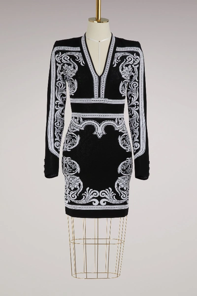 Shop Balmain Strech Mini Dress In Noir/blanc Optique 5100c
