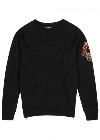 Shop Balmain Black Appliquéd Cotton Sweatshirt