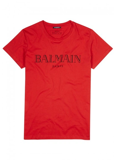 Shop Balmain Red Logo-print Cotton T-shirt