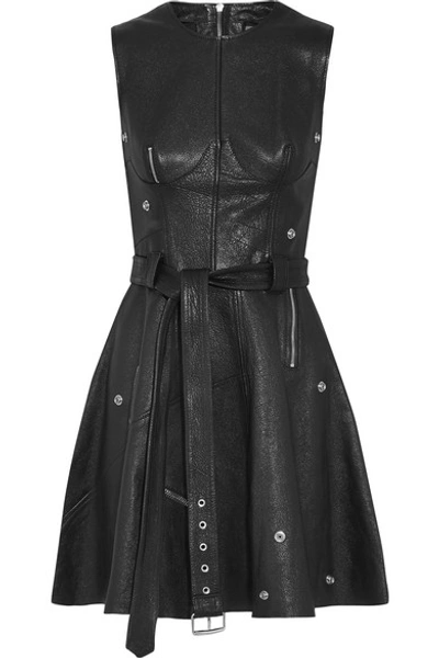 Alexander Mcqueen Zip-embellished Belted Textured-leather Mini Dress ...