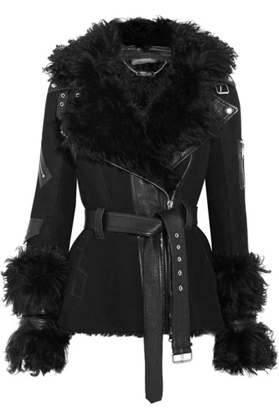 Shop Alexander Mcqueen Textured Leather-trimmed Shearling Biker Jacket In Black
