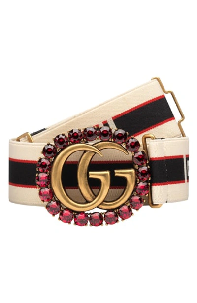 Shop Gucci Gg Crystal Logo Slider Web Stripe Belt In Ruby