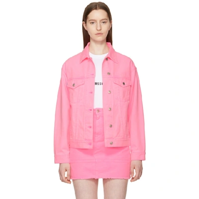 Shop Msgm Pink Oversized Embroidered Denim Jacket