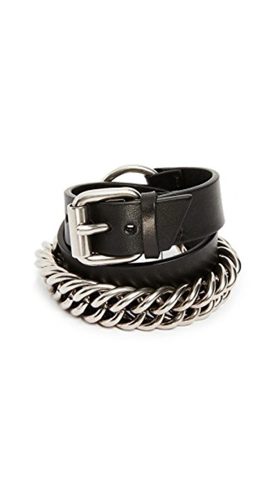 Shop Alexander Wang Double Wrap Leather And Chain Bracelet In Black/silver