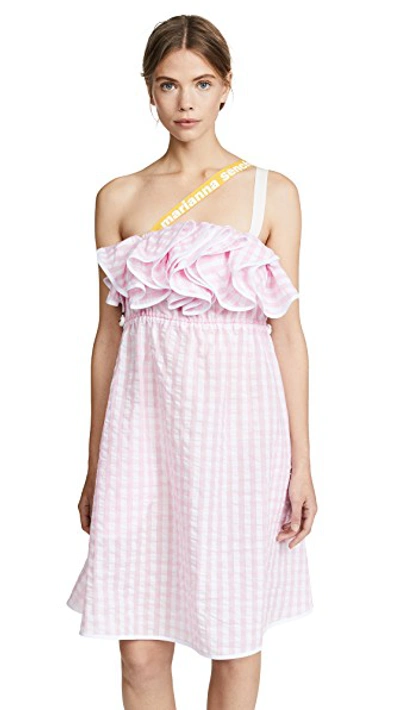 Shop Marianna Senchina Ruffle Seersucker Dress In Pink Seersucker