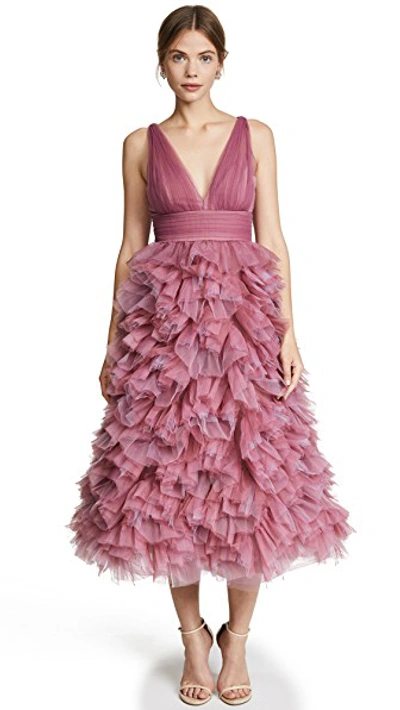 Shop Marchesa Notte Draped Tulle Dress In Lilac