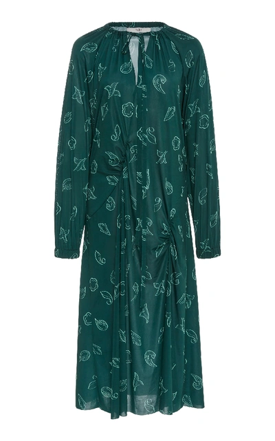 Shop Tibi Shirred Printed Long Dress In Green