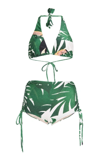 Shop Adriana Degreas Geometric Foliage Hot Pants Bikini With Ties In Green