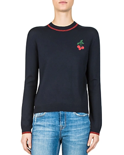Shop The Kooples Cherry-embroidered Wool Sweater In Navy
