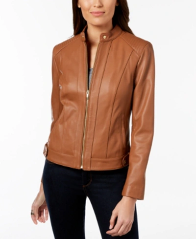 Shop Cole Haan Seamed Leather Jacket In Cognac