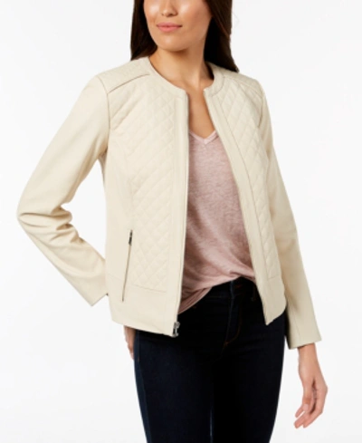 Shop Cole Haan Quilted Leather Jacket In Cream