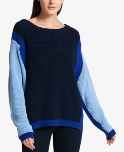 Shop Dkny Cotton Colorblocked Sweater In Heritage Navy/cornflower