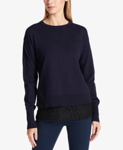 Shop Dkny Perforated Lace-hem Sweater In Heritage Navy