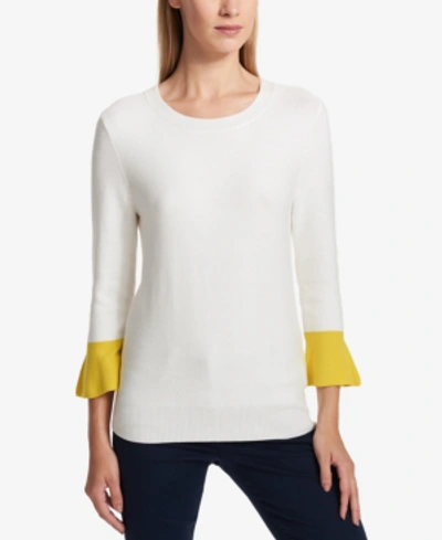 Shop Dkny Colorblocked Ruffle-sleeve Sweater In Ivory/sun