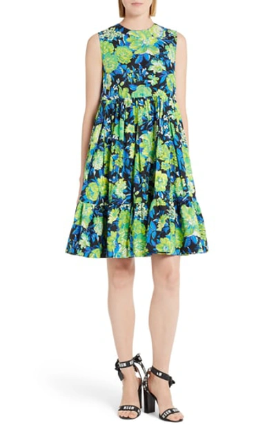 Shop Msgm Floral Print A-line Dress In Black/ Green/ Blue 99