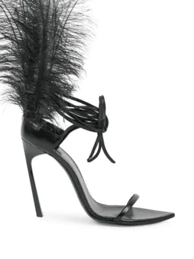 Shop Saint Laurent Talitha Feather Ankle Strap Sandals In Black
