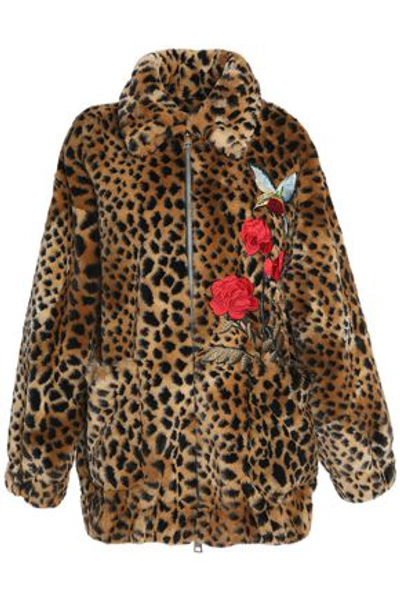 Shop Ainea Woman Floral-appliquéd Leopard-print Faux Fur Coat Animal Print