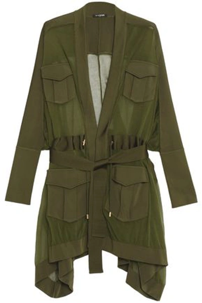 Shop Balmain Belted Draped Chiffon Cardigan In Army Green