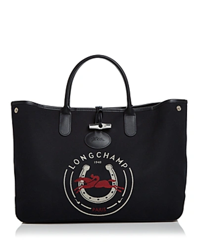 Shop Longchamp 1948 Large Canvas Tote In Blue/silver