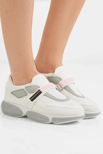 Shop Prada Cloudbust Logo-embossed Rubber And Leather-trimmed Mesh Sneakers In White