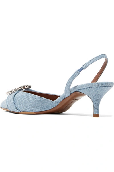 Shop Tabitha Simmons Bells Crystal-embellished Denim Slingback Pumps In Mid Denim