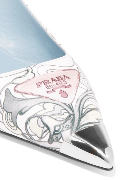 Shop Prada Embellished Logo-print Leather Slingback Pumps In White