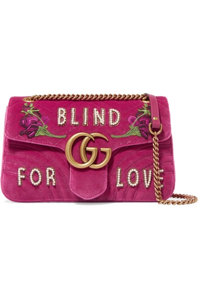 Shop Gucci Gg Marmont Medium Embellished Quilted Velvet And Leather Shoulder Bag In Pink