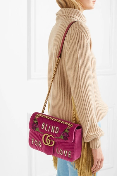 Shop Gucci Gg Marmont Medium Embellished Quilted Velvet And Leather Shoulder Bag In Pink